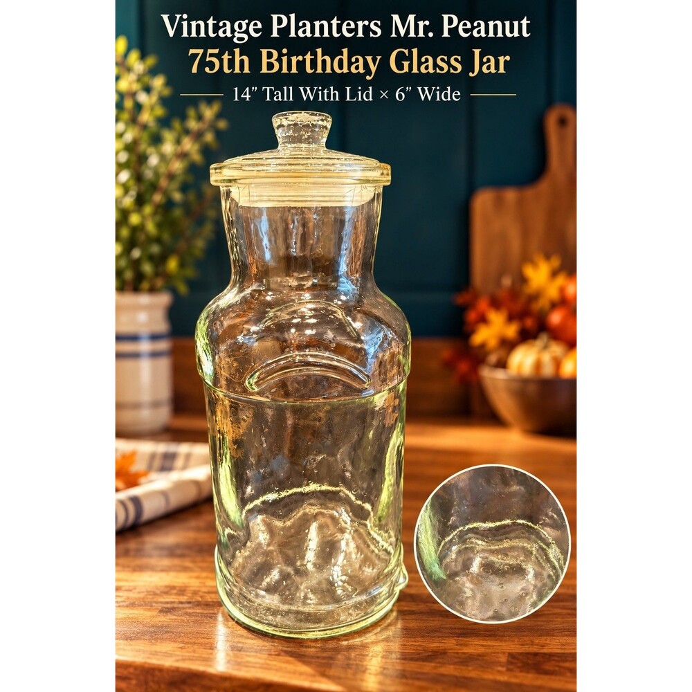 Vintage Planters Mr. Peanut 75th Birthday Glass Jar With Lid 14” Tall